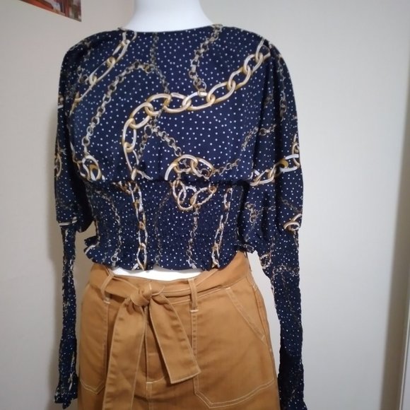 SALE $ NWT Missguided Navy Co Ord Chain Polka Dot Shirred Top US 2 - Picture 6 of 8
